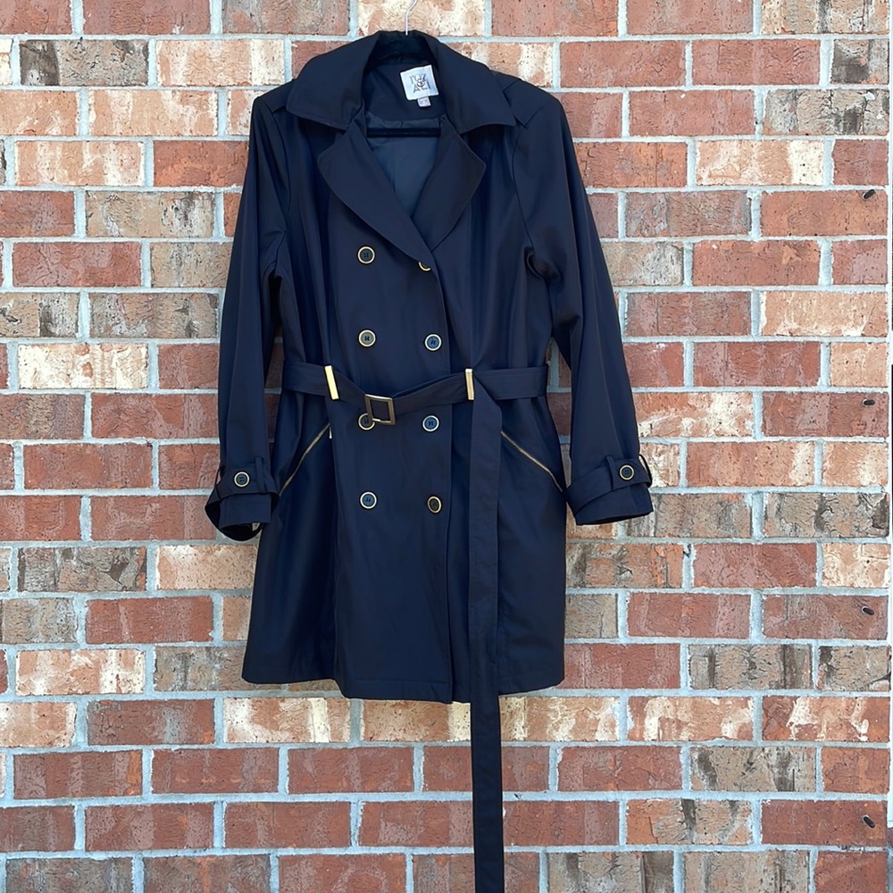 Roz & Ali Woman Size 1X Black Gold Accents Trench coat pockets hood Belted